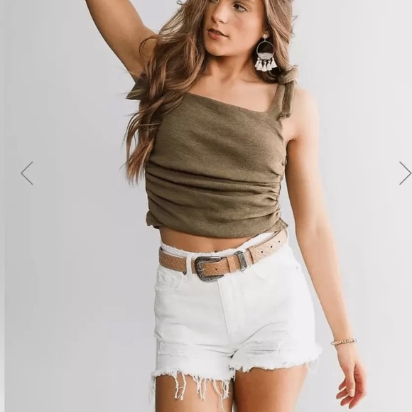 Free People Tops - Free People Boulevard ruched cropped tie shoulder tank olive green